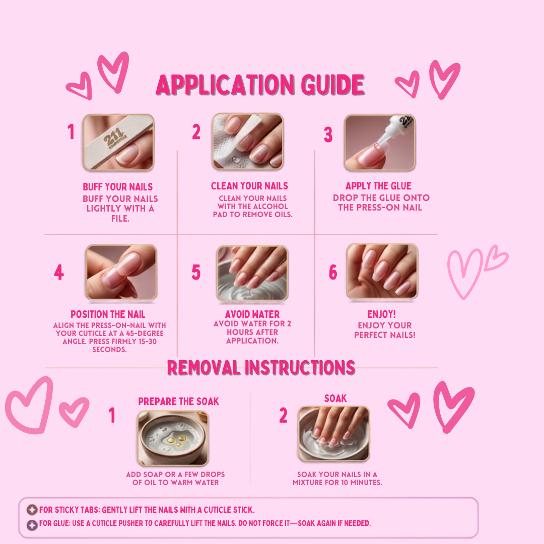Pink application and removal guide with step-by-step nail glue instructions, including numbered panels, text instructions, and decorative pink hearts on a light pink background.
