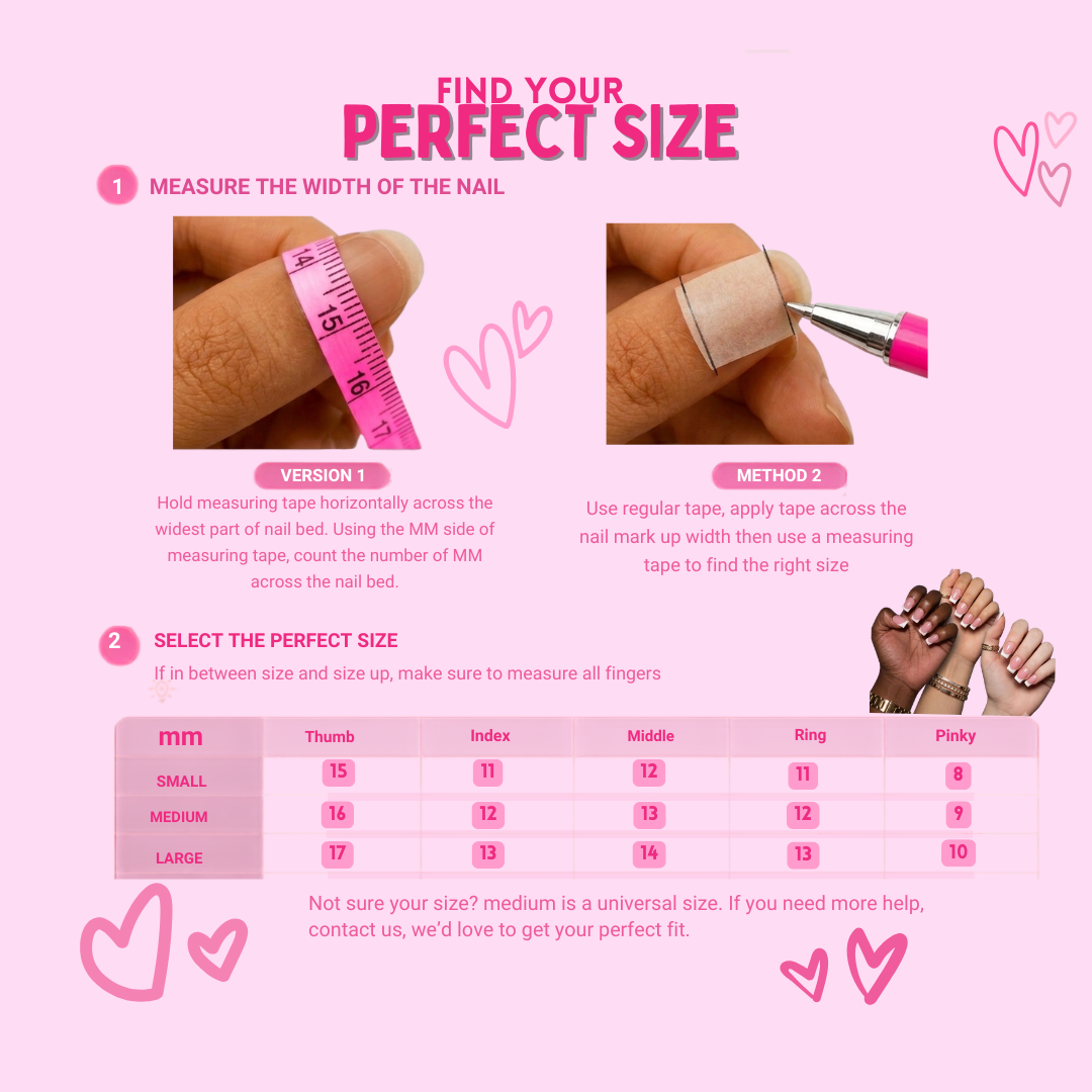 Pink nail size guide and measurement chart with step-by-step instructions, including two example methods for measuring nail width and a size reference table for small, medium, and large nails.