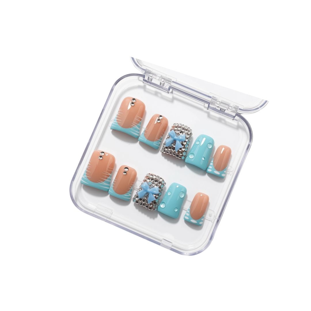 Blue reusable press on nails with charm and blue bows 3-D charms