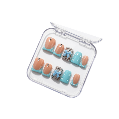 Blue reusable press on nails with charm and blue bows 3-D charms